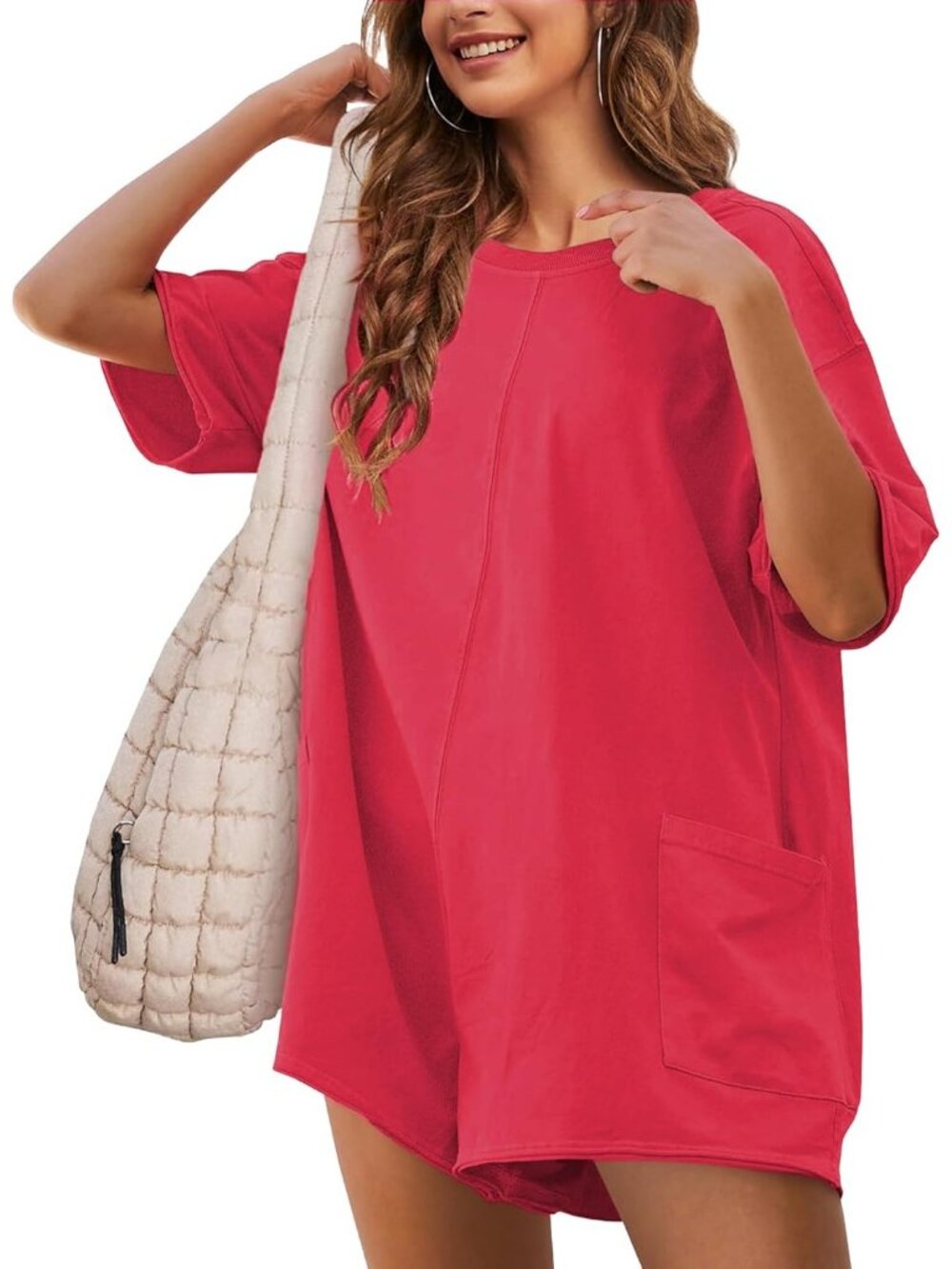 Women's Red Casual Oversized Athletic Overall Workout Hot Shot Tee Romper